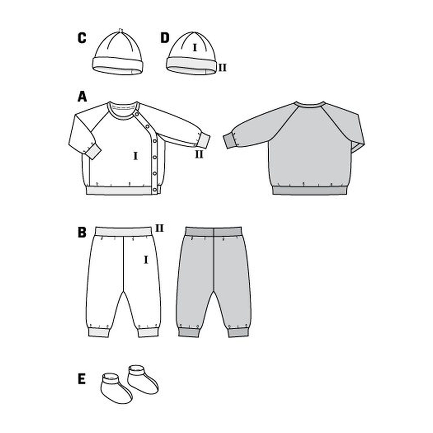 burda style Schnittmuster 9315: Babyjäckchen mit Hose und Mütze, Technische Zeichnung