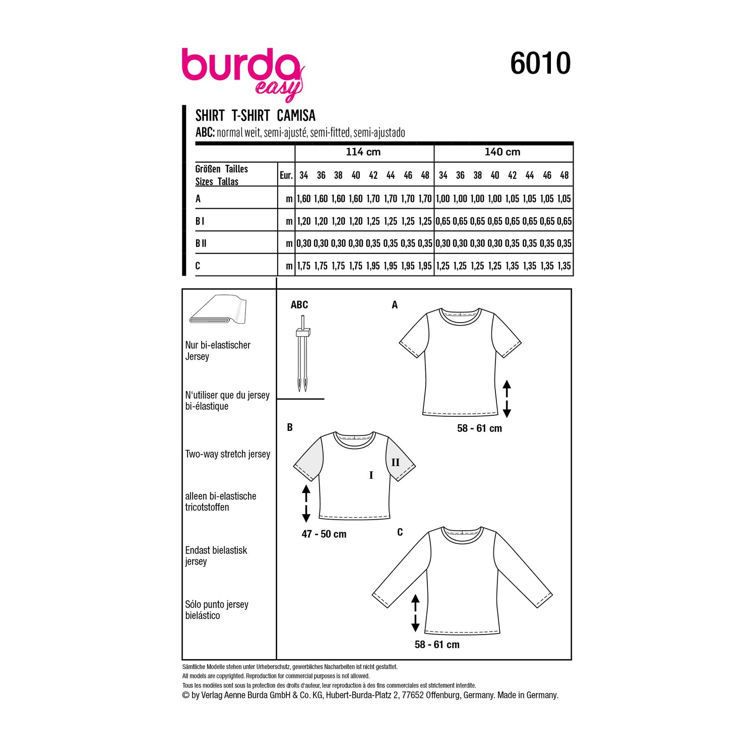 burda style Schnittmuster 6010: Basic-Shirt mit Rundhalsausschnitt, Rückseite der Schnittmustertüte mit Stoffverbrauch