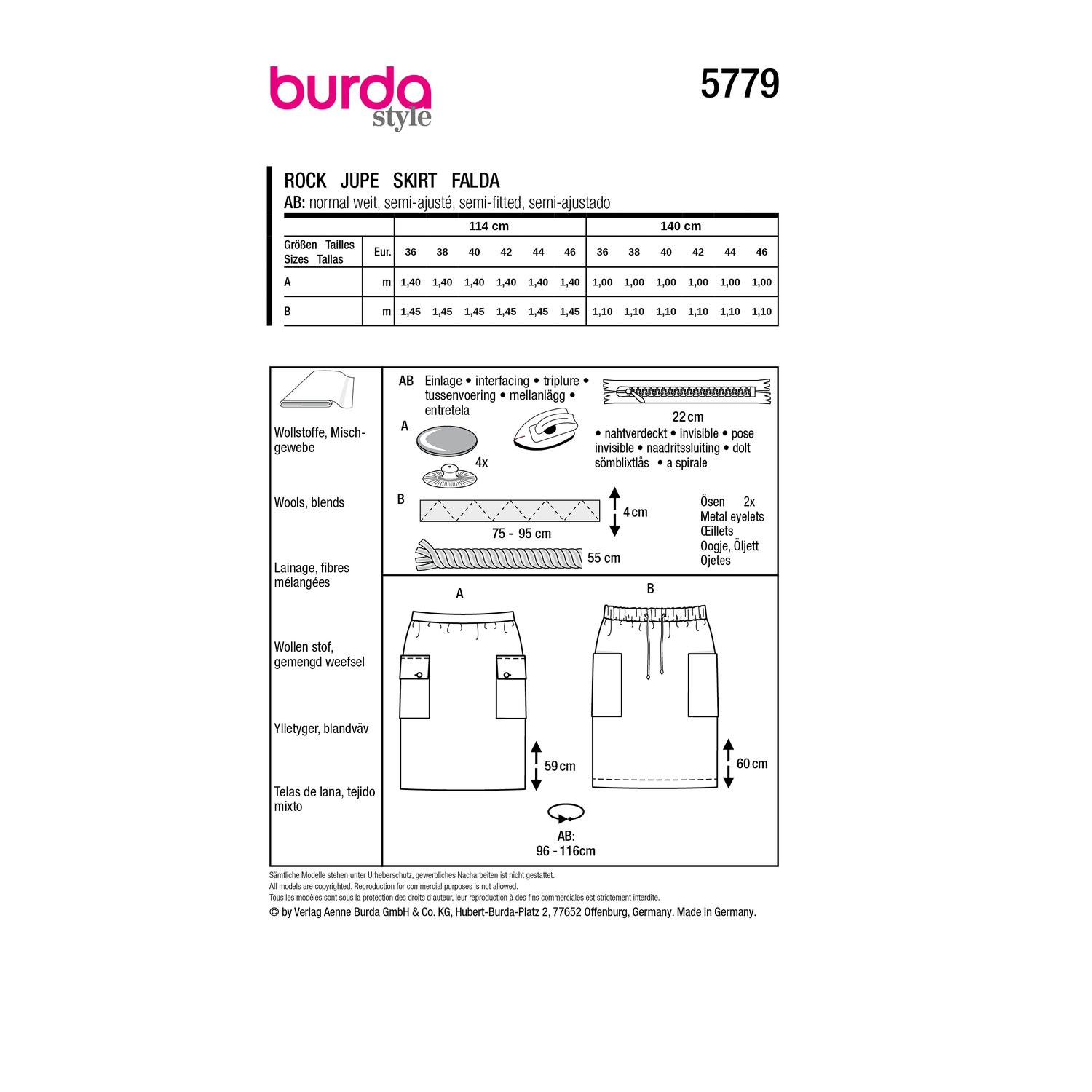 burda style Schnittmuster 5779: Bleistiftröcke mit Cargotaschen, Rückseite der Schnittmustertüte mit Stoffverbrauch