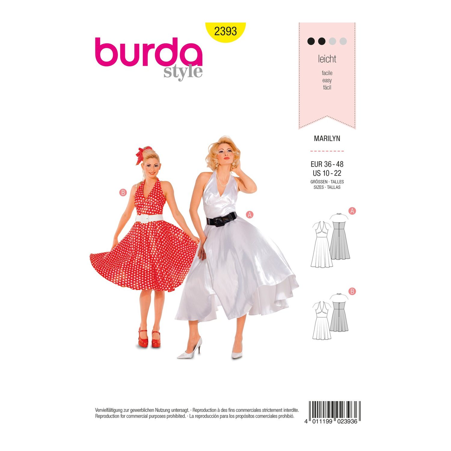 burda style Schnittmuster 2393: Neckholder-Kleid mit Glockenrock, Vorderseite der Schnittmustertüte