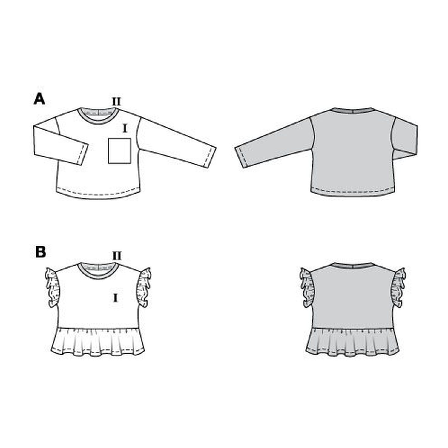 burda style Schnittmuster 9223: Unisex-Sweatshirt mit XL-Tasche, Technische Zeichnung