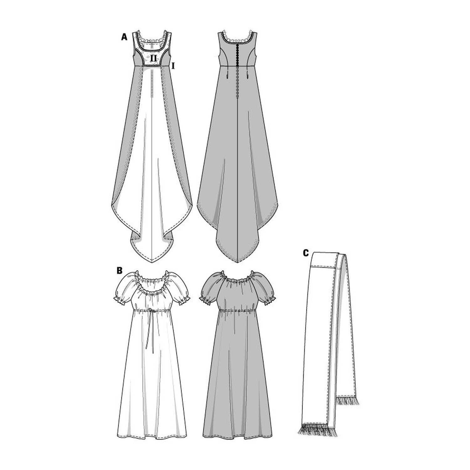 burda style Schnittmuster 2493: Empire-Kleid Josephine, Technische Zeichnung