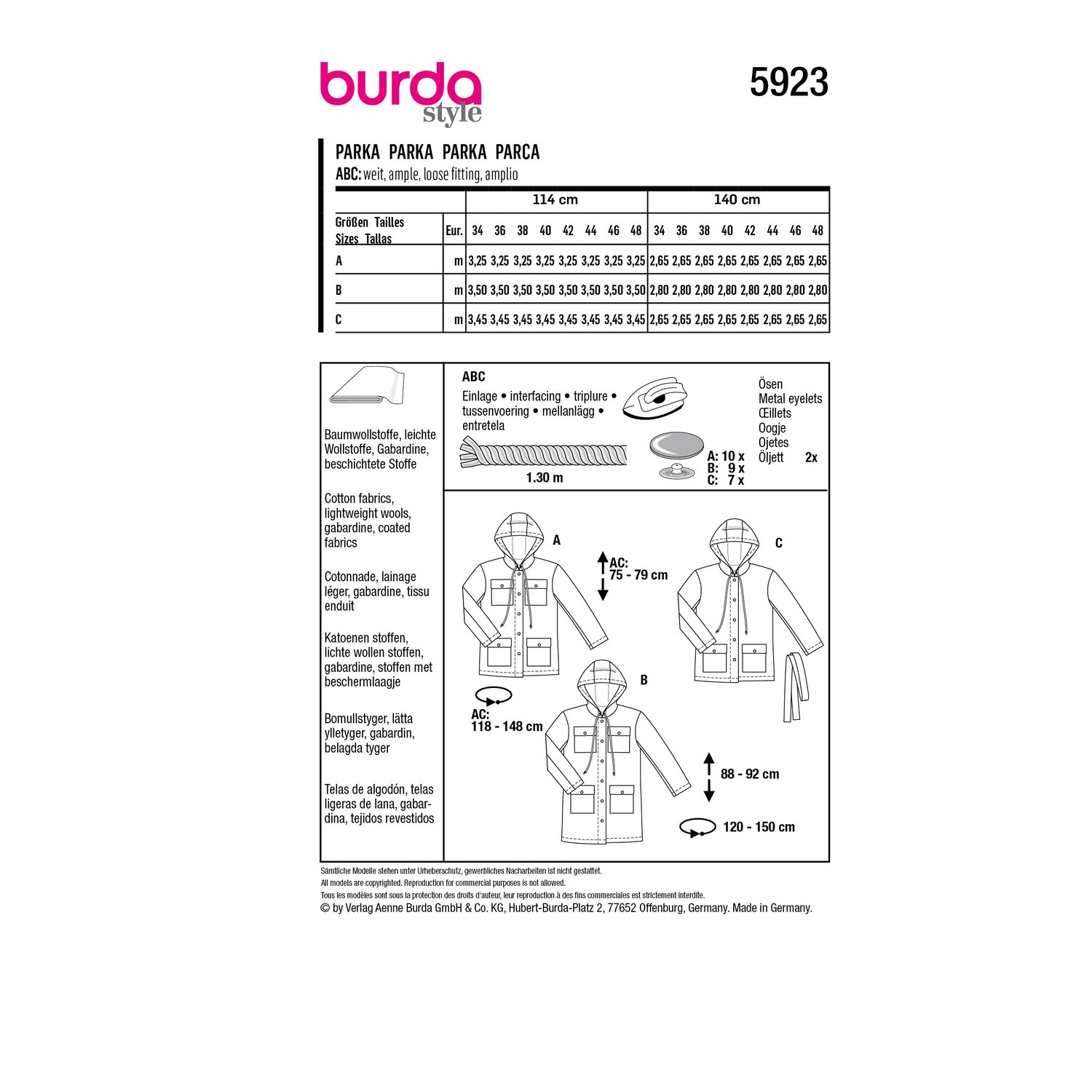 burda style Schnittmuster 5923: Parka mit Kapuze, Rückseite der Schnittmustertüte mit Stoffverbrauch