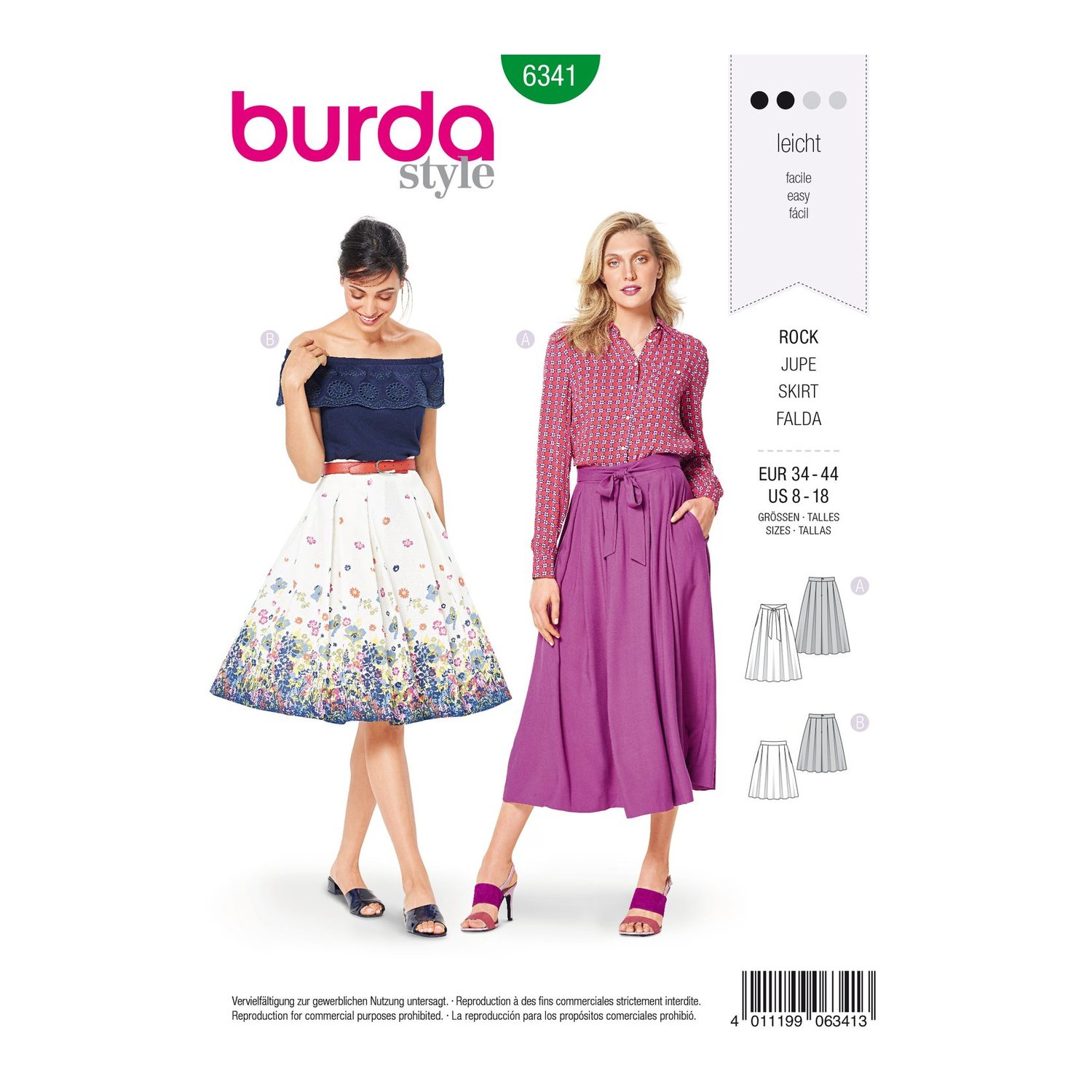 burda style Schnittmuster 6341: Femininer Rock mit Gehfalten, Vorderseite der Schnittmustertüte