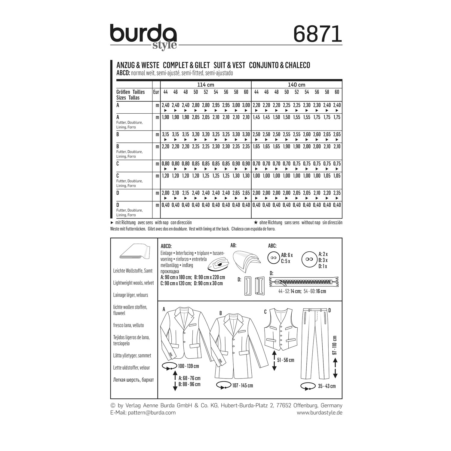burda style Schnittmuster 6871: Herrenanzug mit Weste, Rückseite der Schnittmustertüte mit Stoffverbrauch