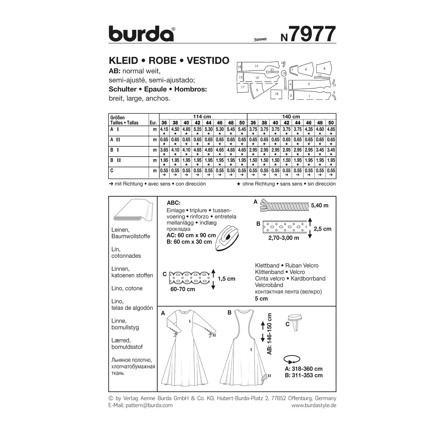 burda style Schnittmuster 7977: Mittelalterkleid mit Kappe, Rückseite der Schnittmustertüte mit Stoffverbrauch