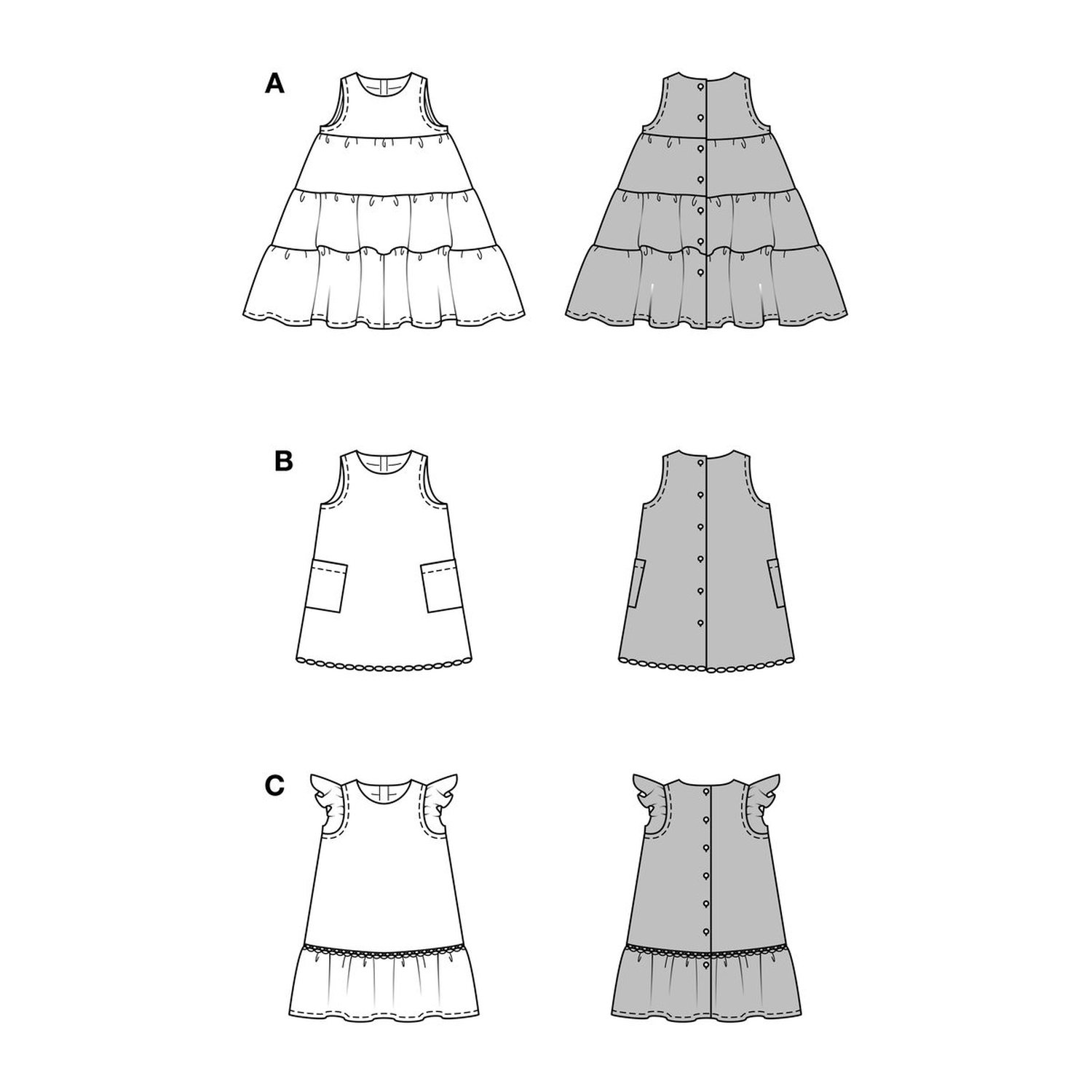 burda style Schnittmuster 9197: Festliche Kinderkleider, Technische Zeichnung