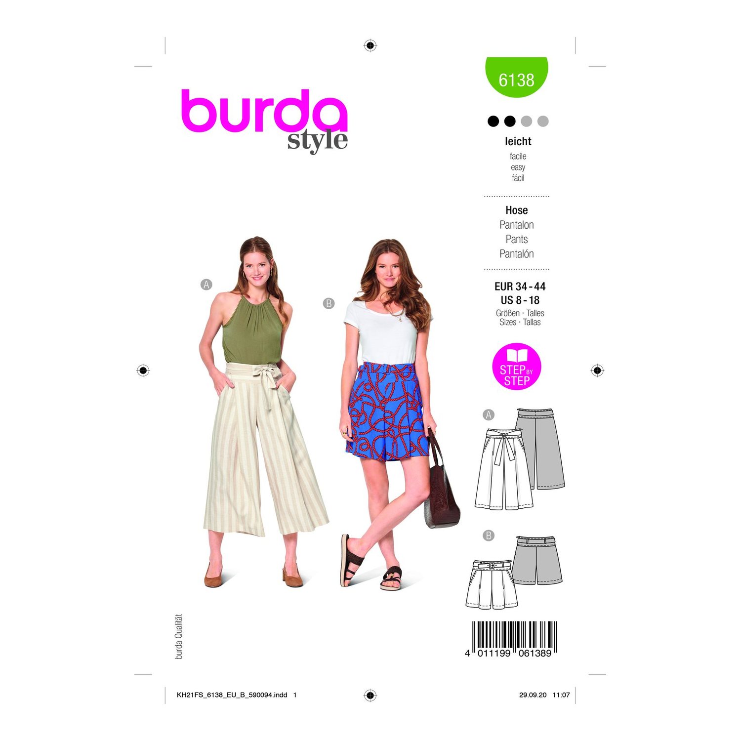 burda style Schnittmuster 6138: High-Waist-Culotte und Shorts, Vorderseite der Schnittmustertüte