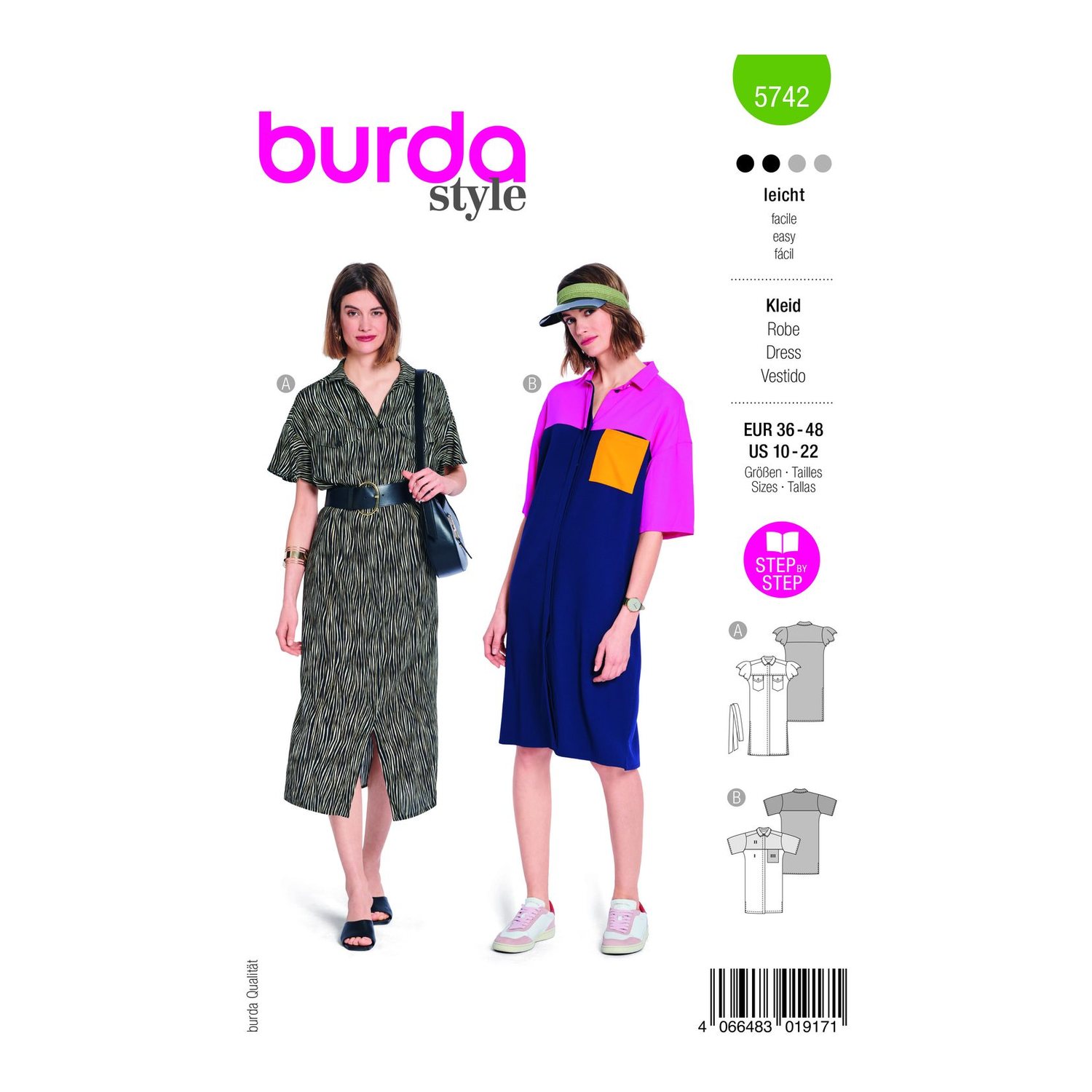 burda style Schnittmuster 5742: Hemdblusenkleid und Color-Blocking-Kleid, Modellfoto 1