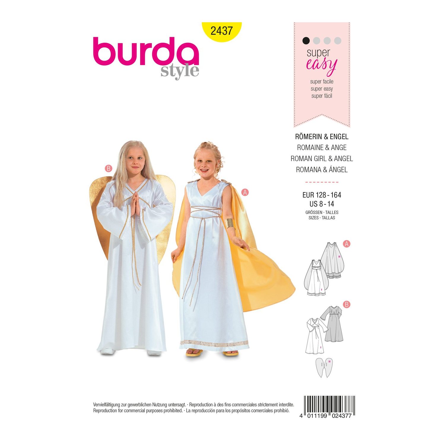 burda style Schnittmuster 2437: Kostüme Römerin und Engel, Vorderseite der Schnittmustertüte