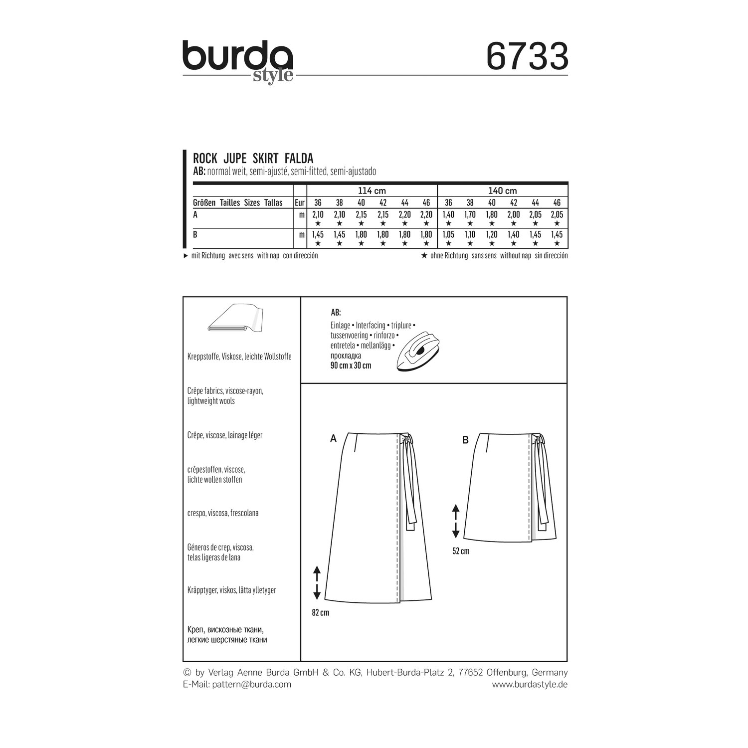 burda style Schnittmuster 6733: Schmaler Rock in zwei Längen, Rückseite der Schnittmustertüte mit Stoffverbrauch