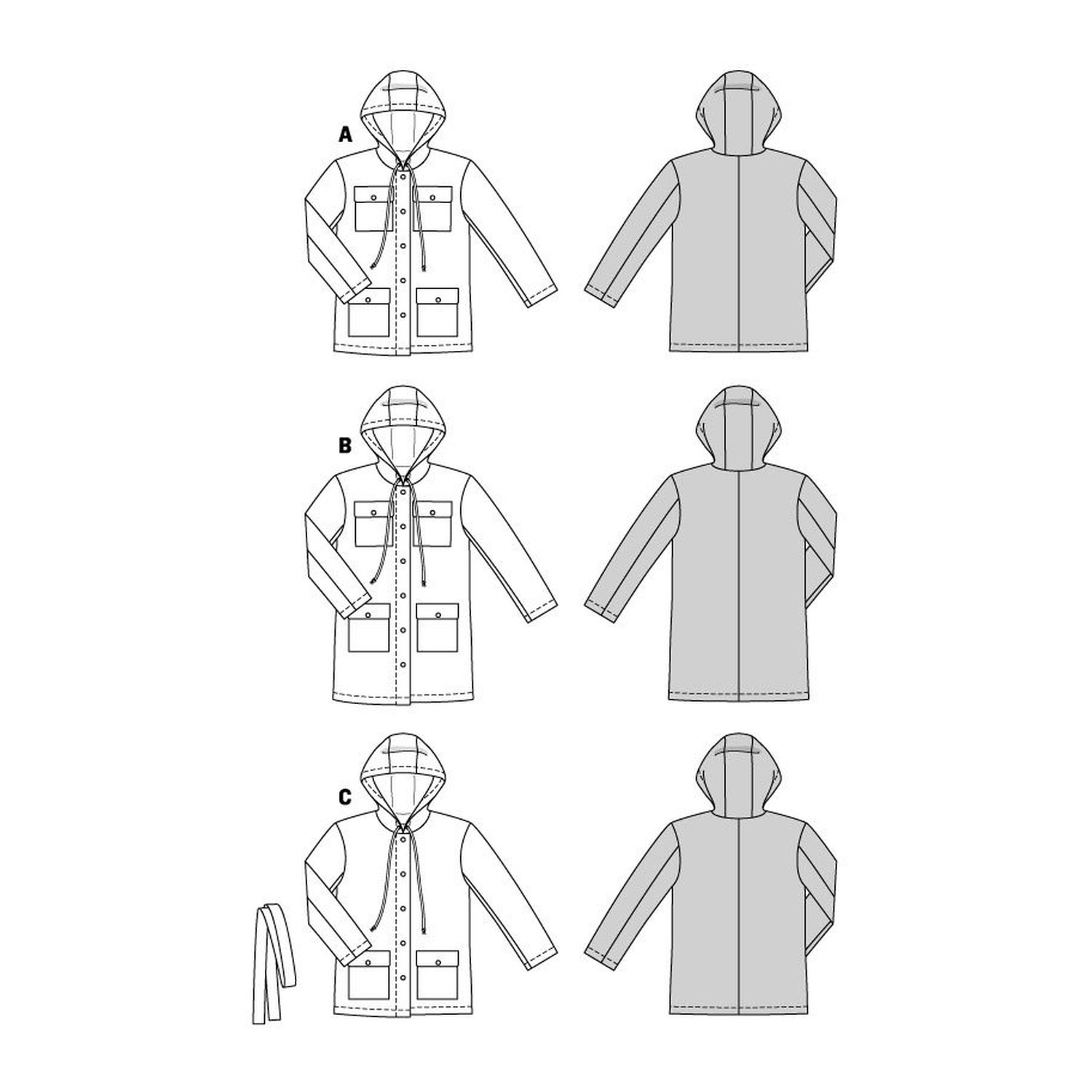 burda style Schnittmuster 5923: Parka mit Kapuze, Technische Zeichnung