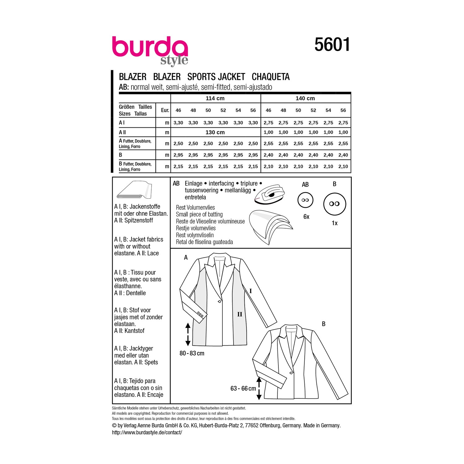 burda style Schnittmuster 5601: Smoking-Blazer und Spencerjacke, Rückseite der Schnittmustertüte mit Stoffverbrauch