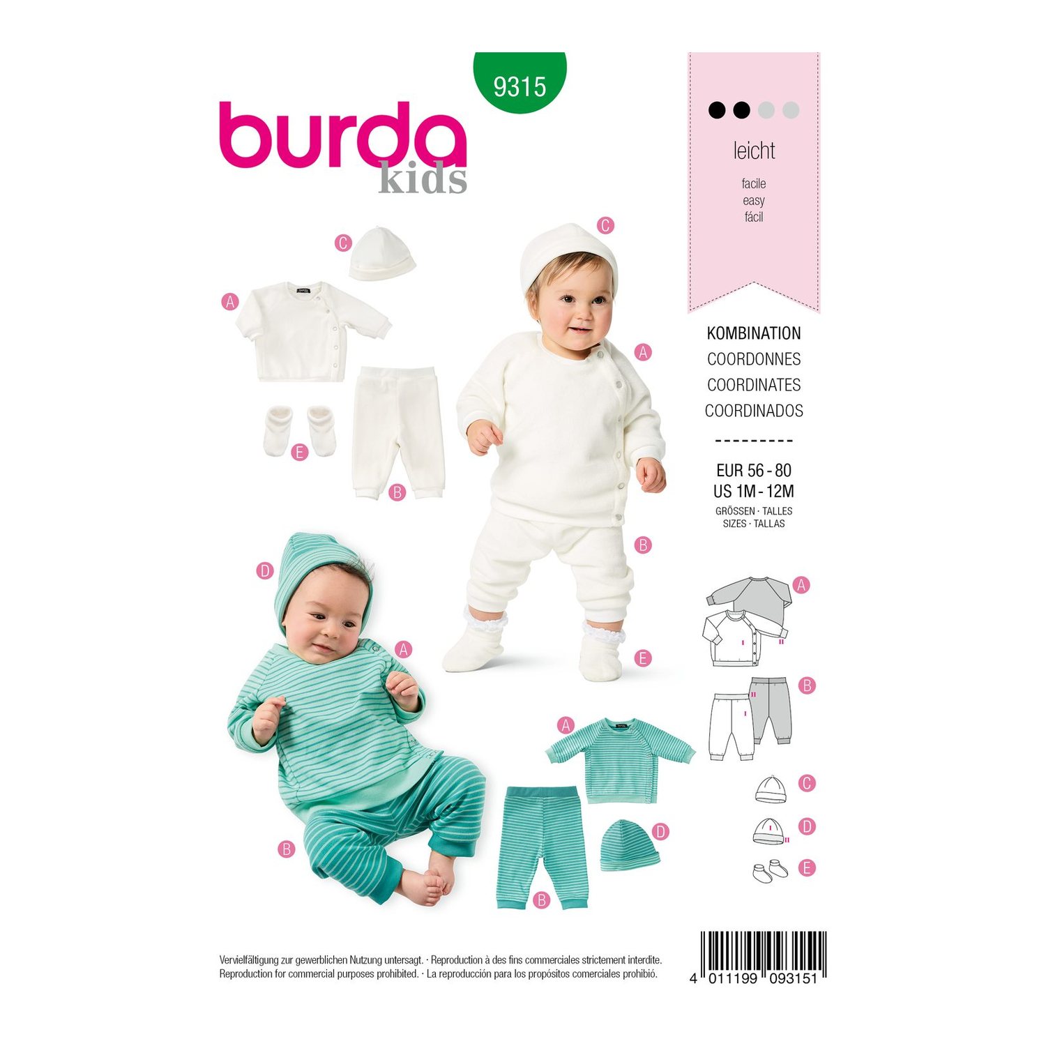 burda style Schnittmuster 9315: Babyjäckchen mit Hose und Mütze, Vorderseite der Schnittmustertüte