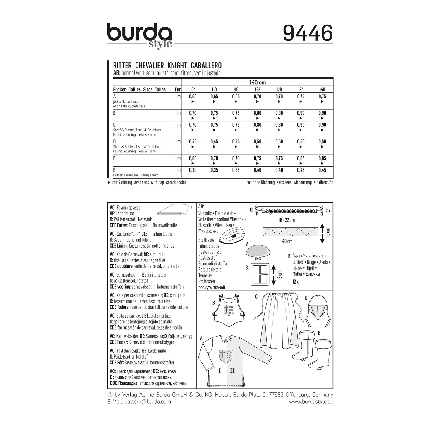burda style Schnittmuster 9446: Ritterkostüm für Kinder, Rückseite der Schnittmustertüte mit Stoffverbrauch