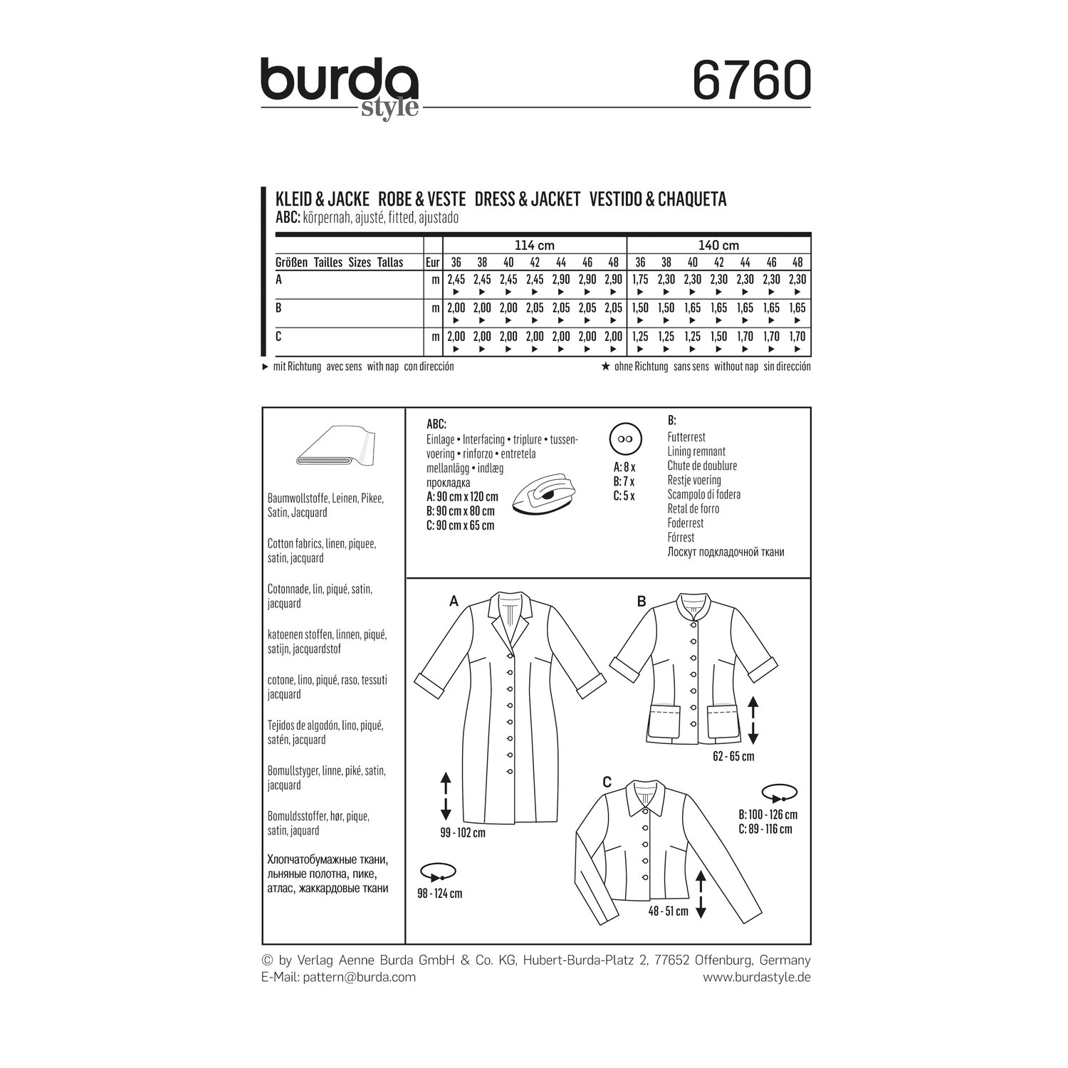 burda style Schnittmuster 6760: Hemdblusenkleid und Jacken, Rückseite der Schnittmustertüte mit Stoffverbrauch