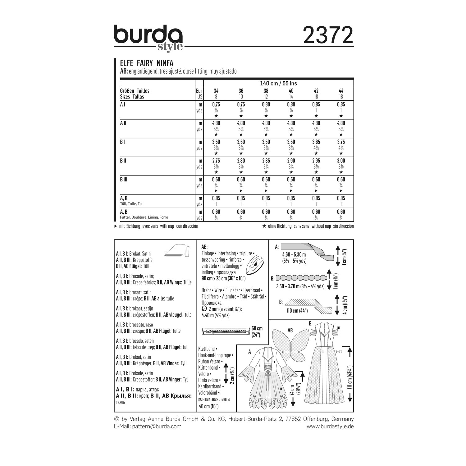 burda style Schnittmuster 2372: Elfenkostüm für Damen, Rückseite der Schnittmustertüte mit Stoffverbrauch