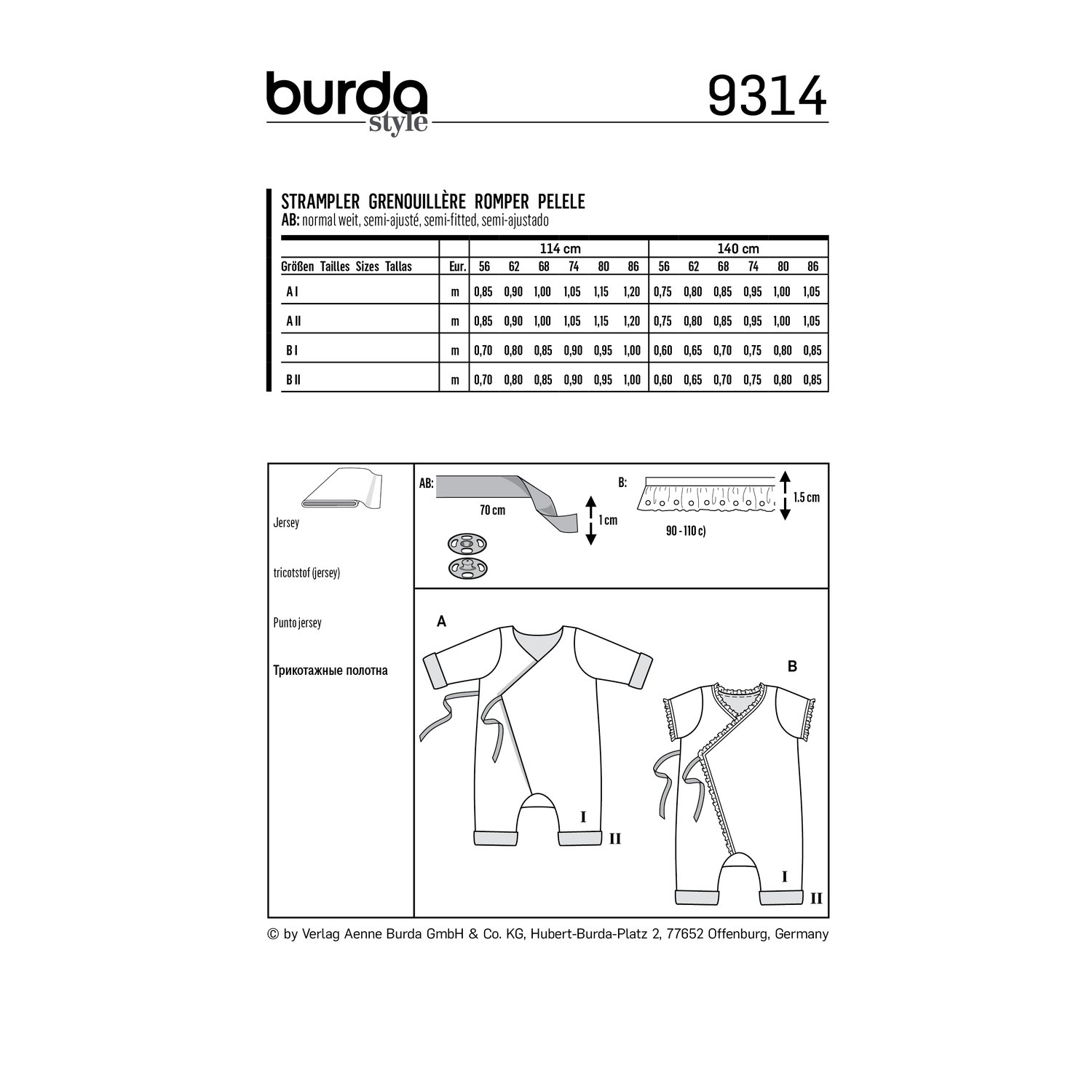 burda style Schnittmuster 9314: Gedoppelter Wickelstrampler, Rückseite der Schnittmustertüte mit Stoffverbrauch