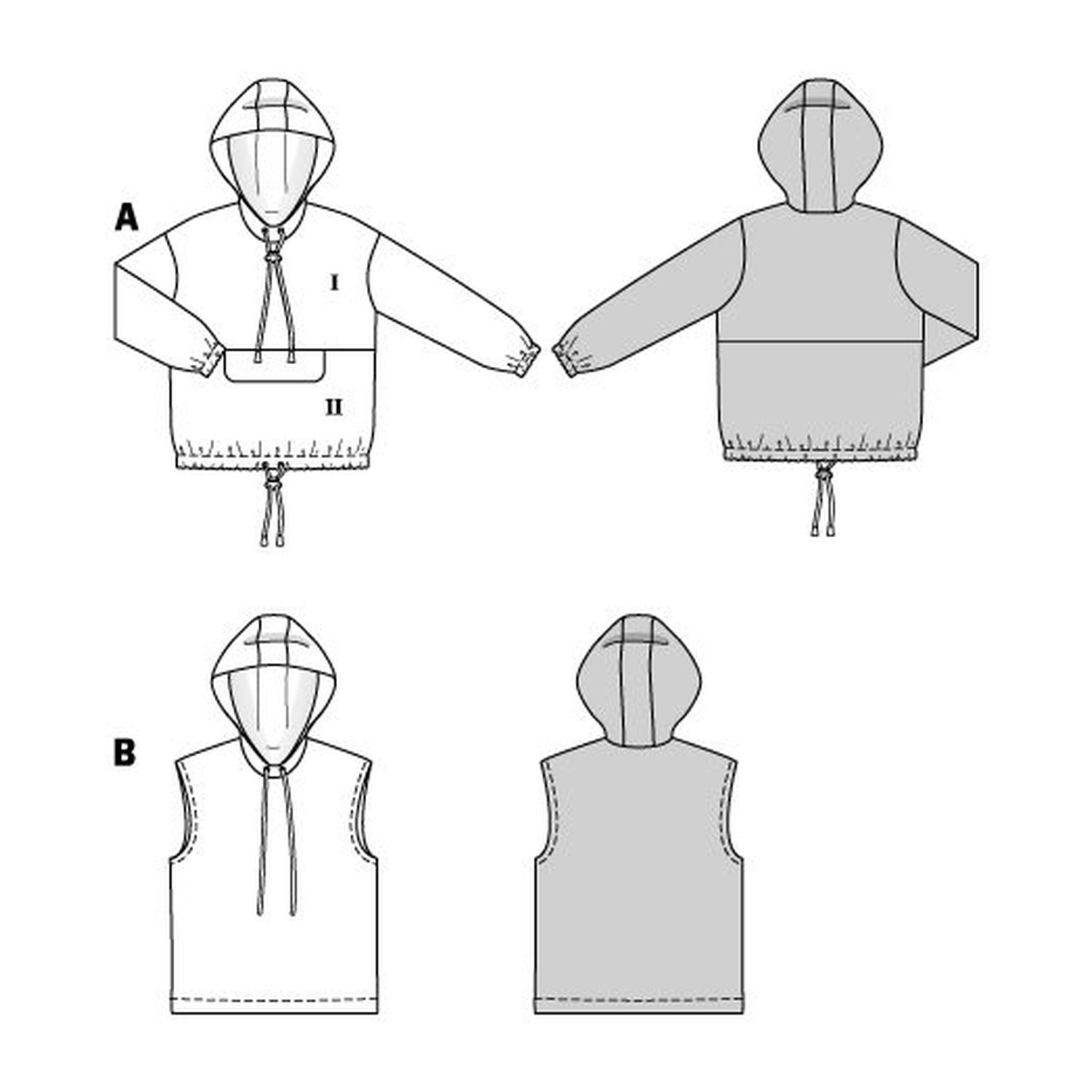 burda style Schnittmuster 9213: Sweater mit Kapuzenkragen, Technische Zeichnung