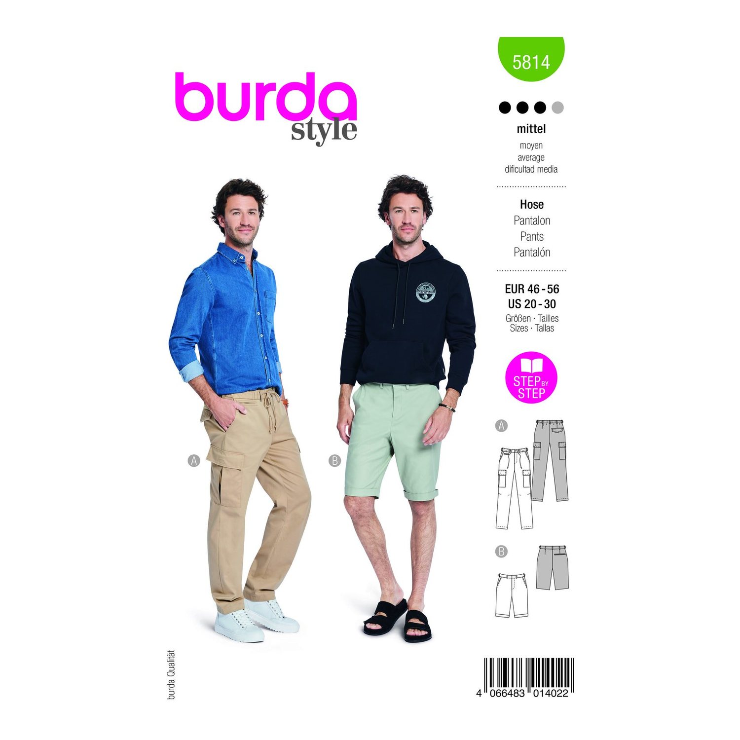 burda style Schnittmuster 5814: Hose mit Kniefalten und Bermudas, Modellfoto 1