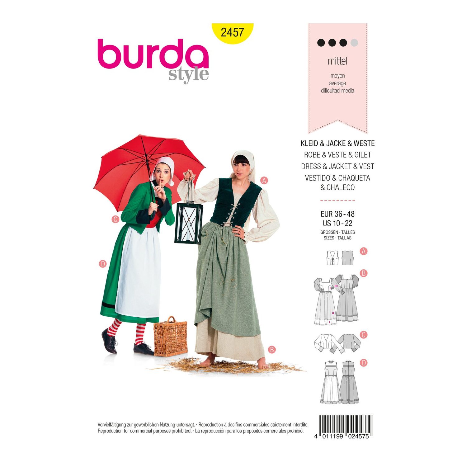 burda style Schnittmuster 2457: Kostüme Magd und Bäuerin, Vorderseite der Schnittmustertüte