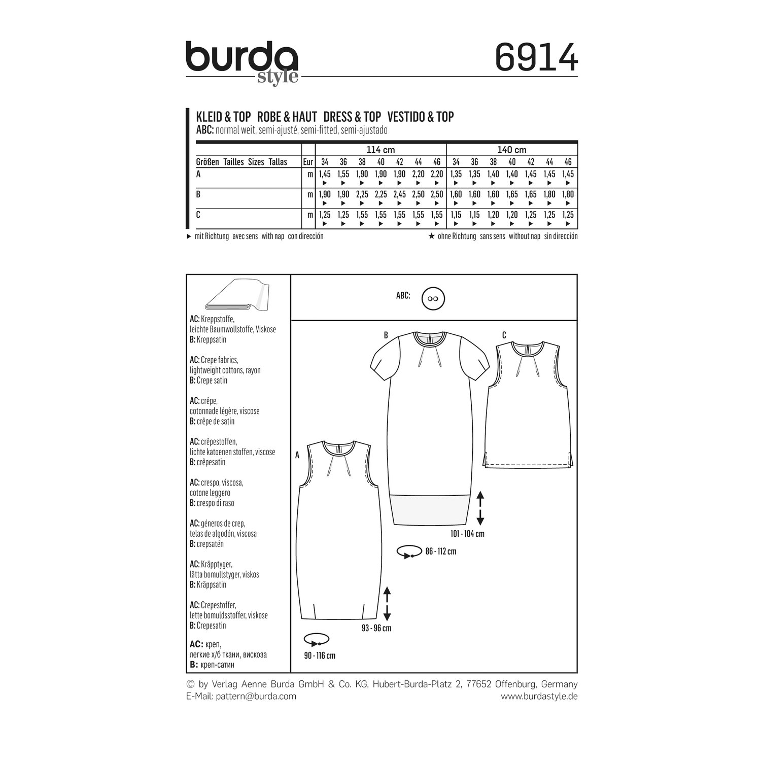 burda style Schnittmuster 6914: Kleid und Top mit Fältchen, Rückseite der Schnittmustertüte mit Stoffverbrauch