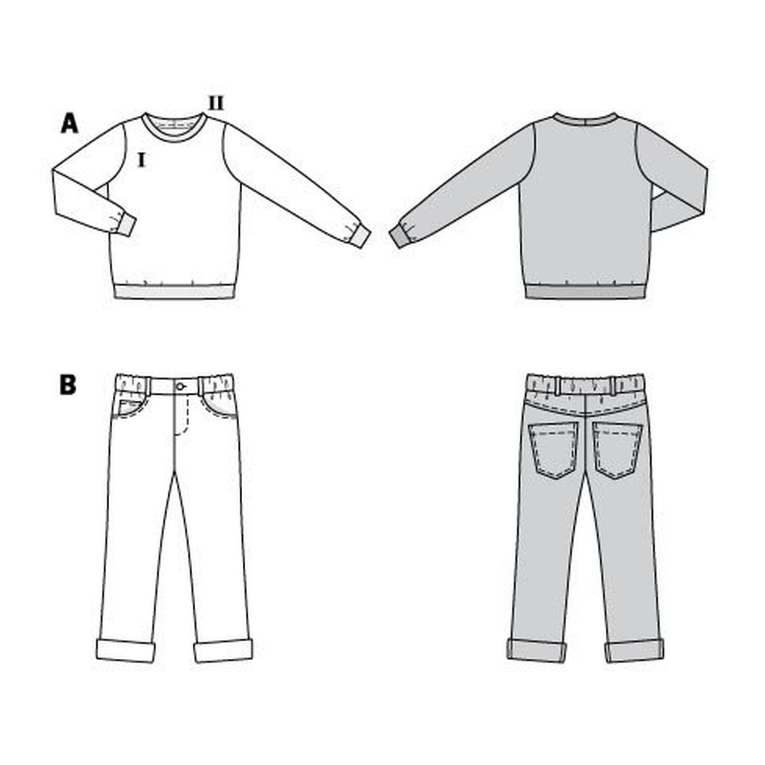 burda style Schnittmuster 9251: Pulli und Five-Pocket-Hose, Technische Zeichnung