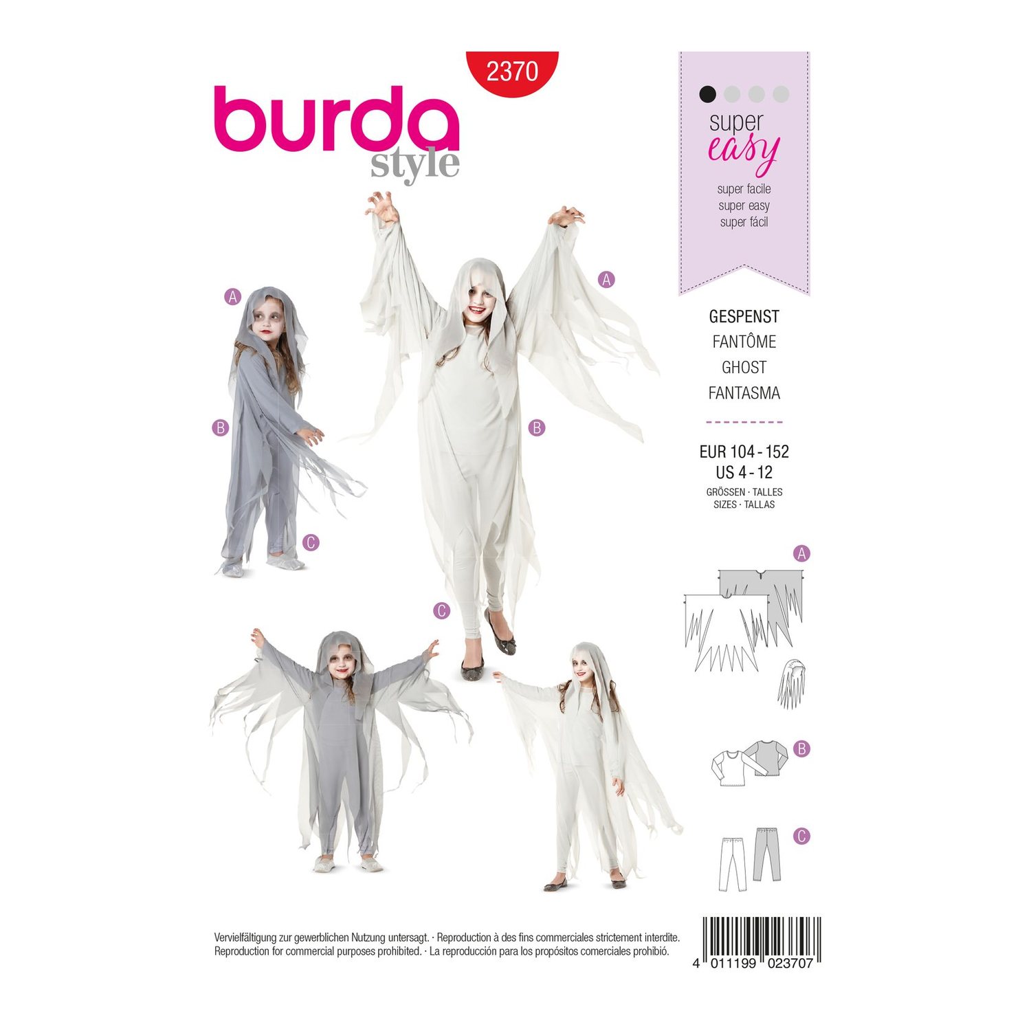 burda style Schnittmuster 2370: Gespensterkostüm für Kinder, Vorderseite der Schnittmustertüte