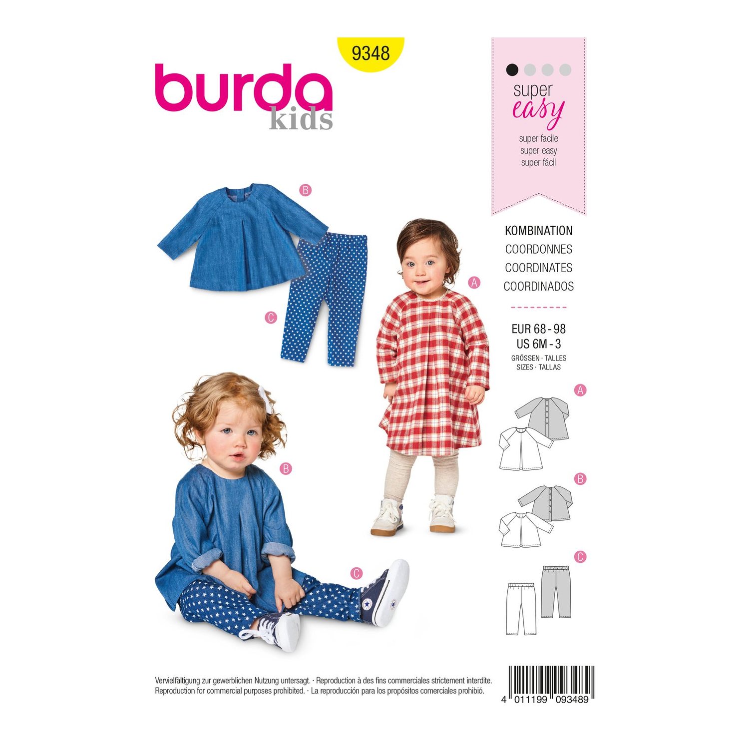 burda style Schnittmuster 9348: Babykleid, Shirt und Hose, Vorderseite der Schnittmustertüte
