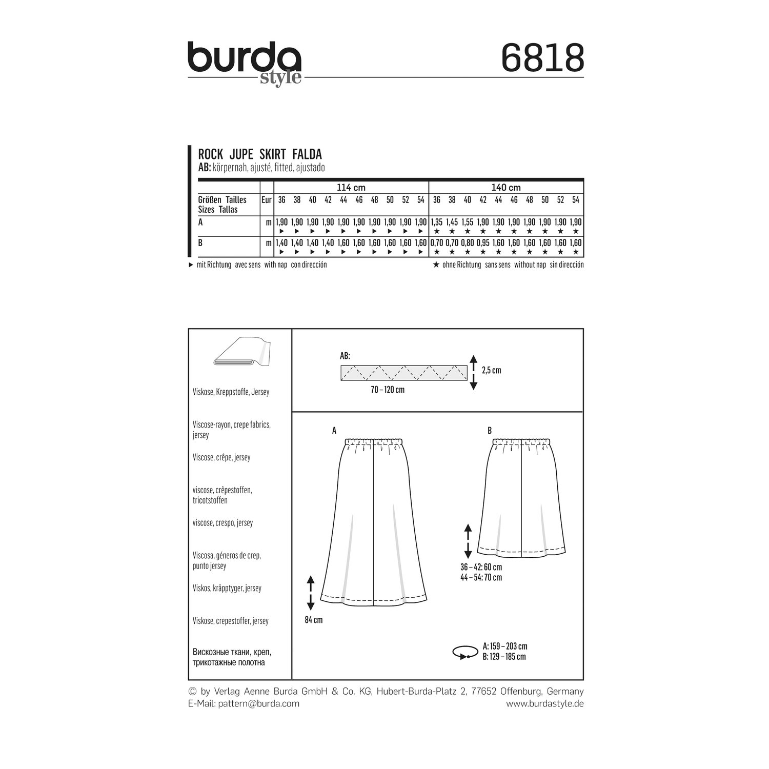 burda style Schnittmuster 6818: Sommerrock mit Gummizug, Rückseite der Schnittmustertüte mit Stoffverbrauch