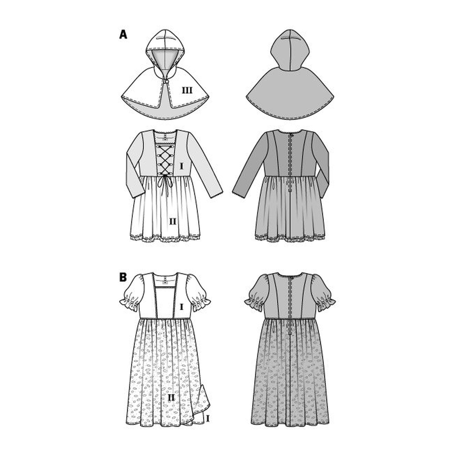 burda style Schnittmuster 2356: Kostüme Rotkäppchen und Prinzessin, Technische Zeichnung