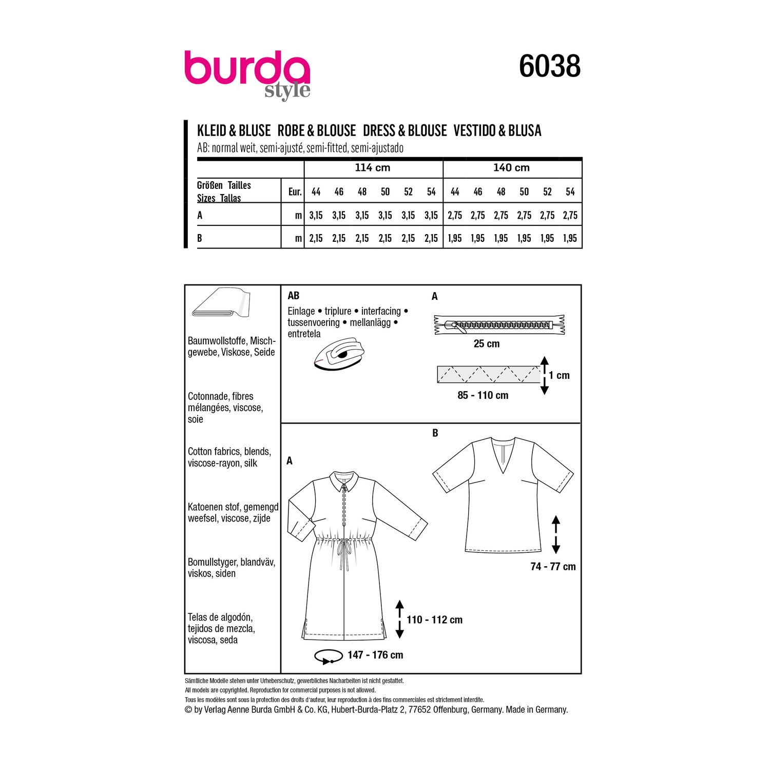 burda style Schnittmuster 6038: Hemdblusenkleid und Bluse, Rückseite der Schnittmustertüte mit Stoffverbrauch