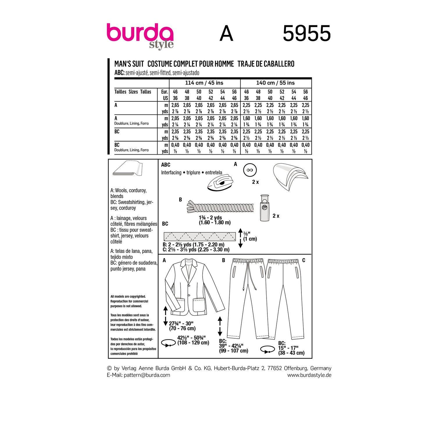 burda style Schnittmuster 5955: Herrenanzug mit Schlupfhose, Rückseite der Schnittmustertüte mit Stoffverbrauch