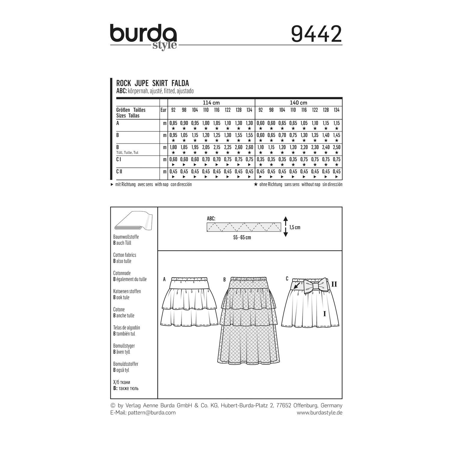 burda style Schnittmuster 9442: Stufenröcke für Mädchen, Rückseite der Schnittmustertüte mit Stoffverbrauch