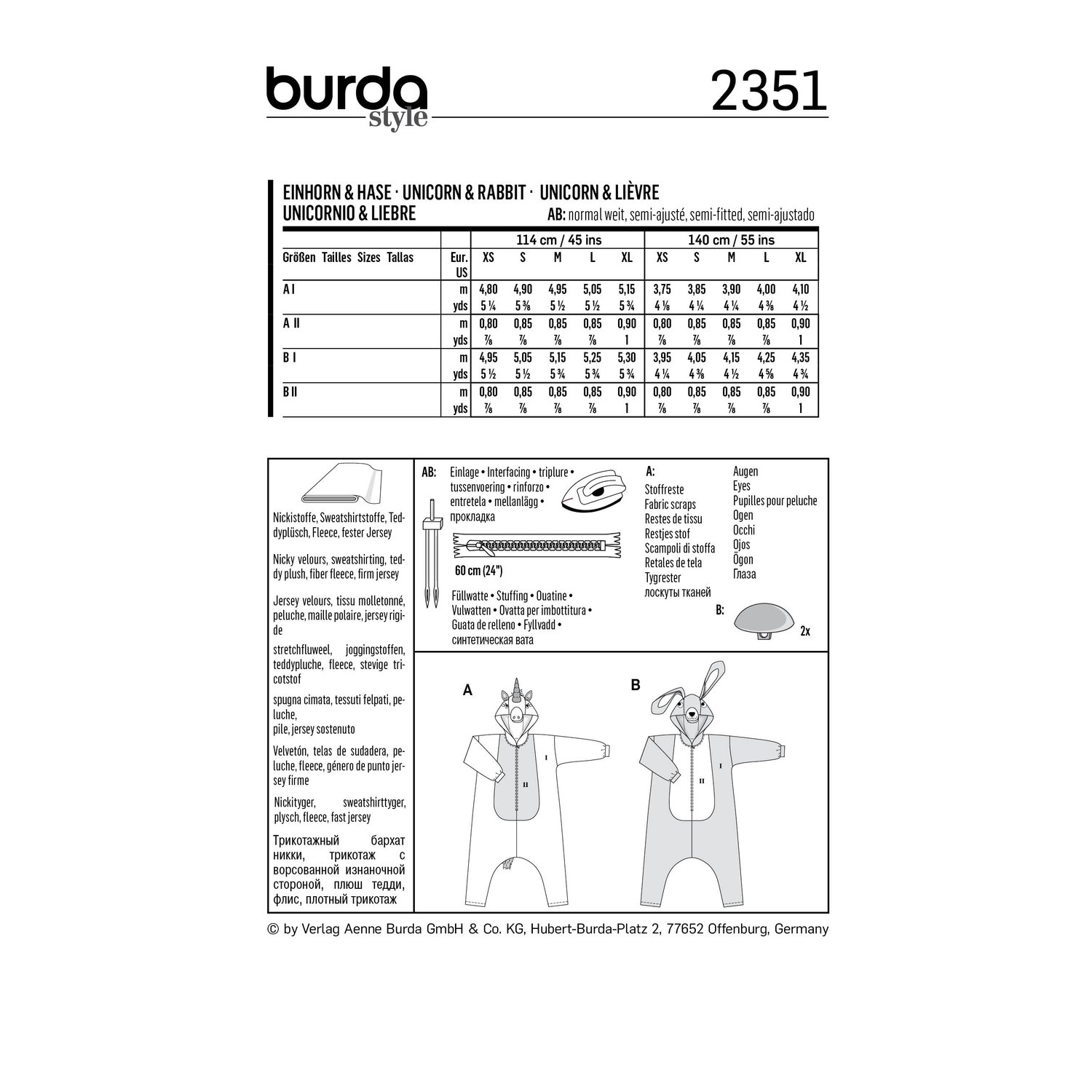 burda style Schnittmuster 2351: Einhorn- und Hasenkostüm für Erwachsene, Rückseite der Schnittmustertüte mit Stoffverbrauch