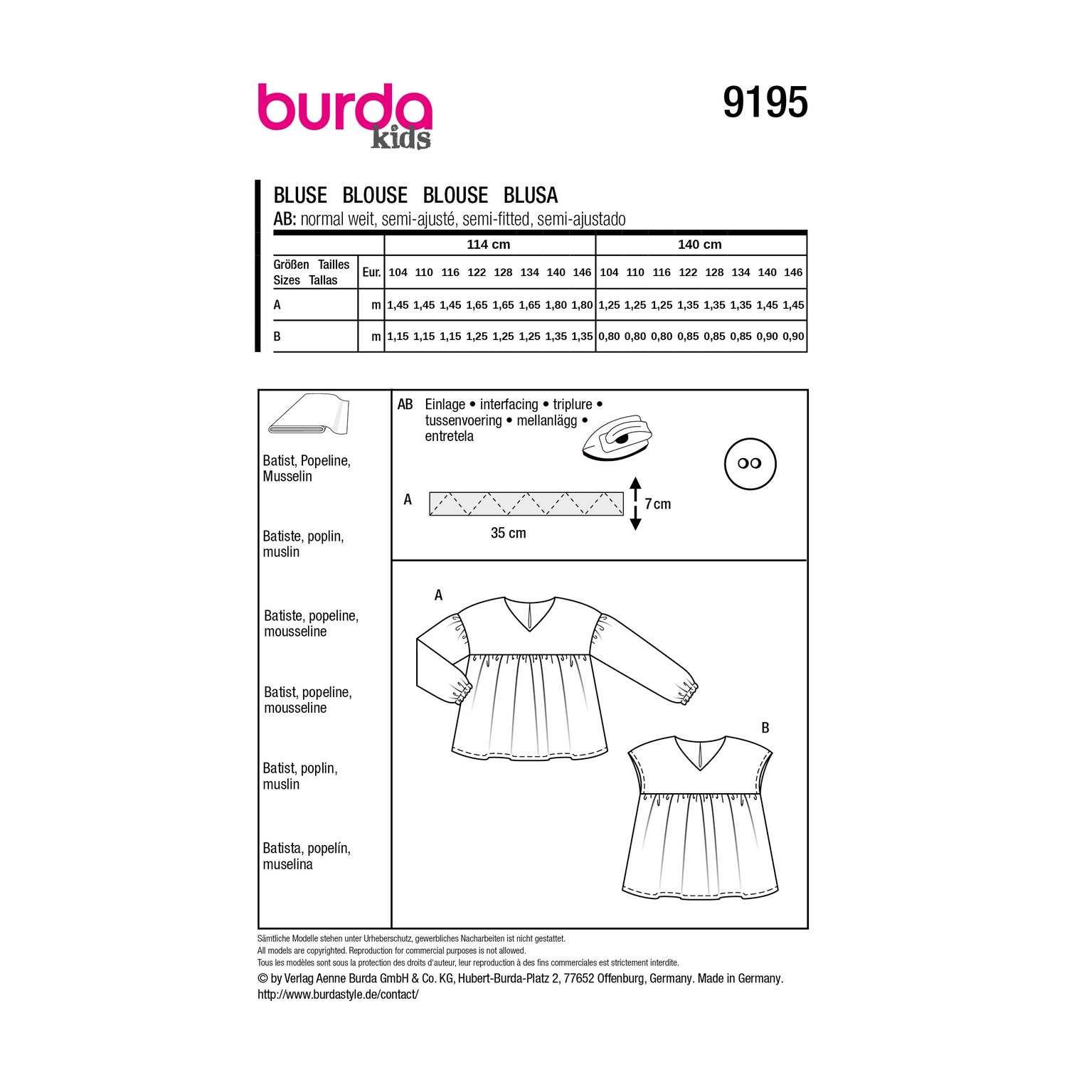 burda style Schnittmuster 9195: Tunika und Hängerchen, Rückseite der Schnittmustertüte mit Stoffverbrauch