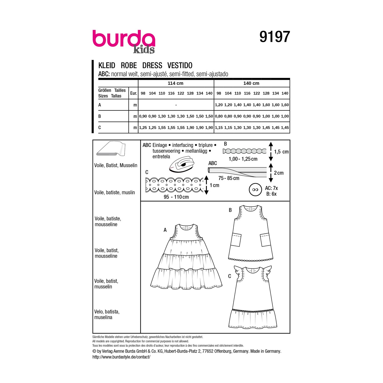 burda style Schnittmuster 9197: Festliche Kinderkleider, Rückseite der Schnittmustertüte mit Stoffverbrauch