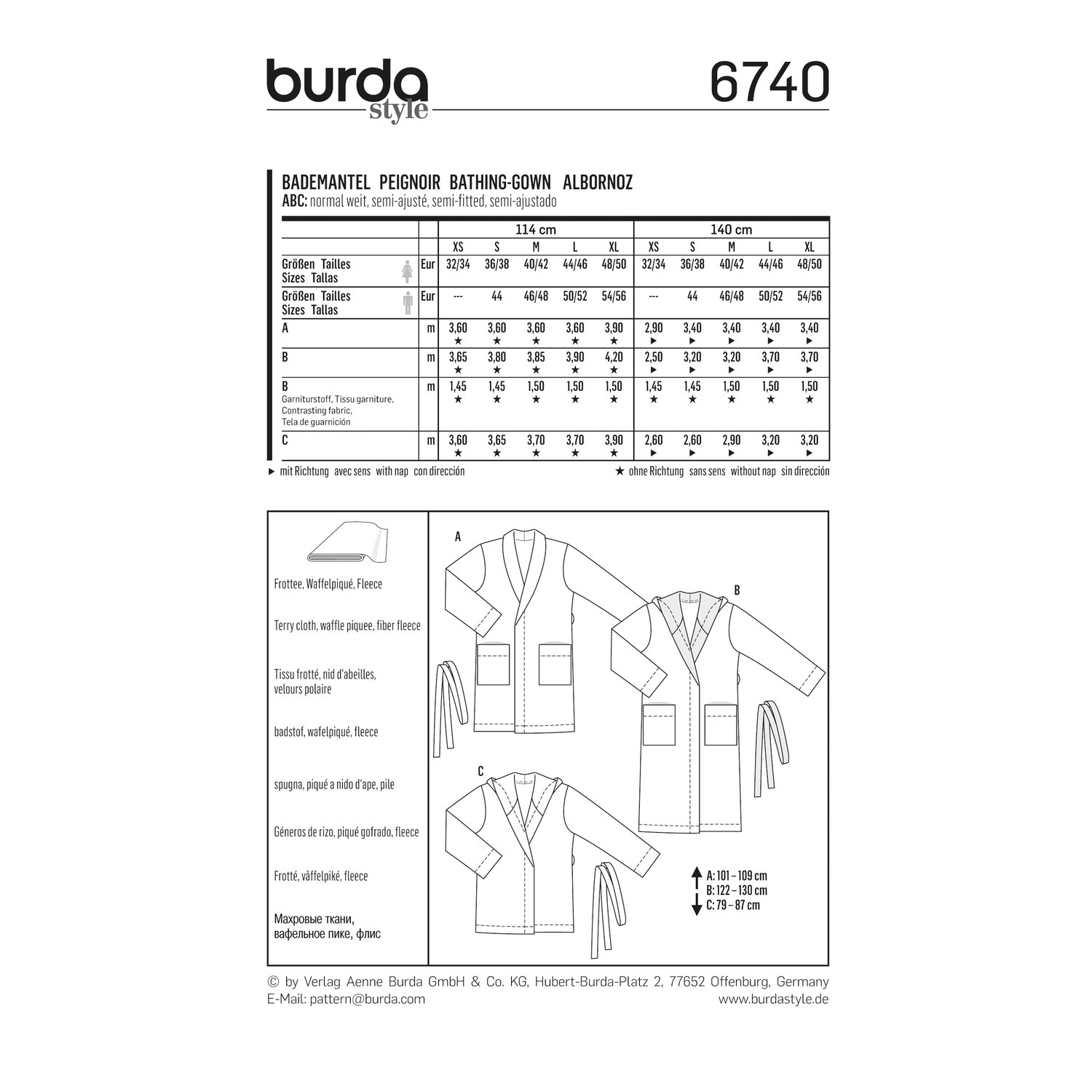 burda style Schnittmuster 6740: Bademantel mit Kapuze oder Schalkragen, Rückseite der Schnittmustertüte mit Stoffverbrauch