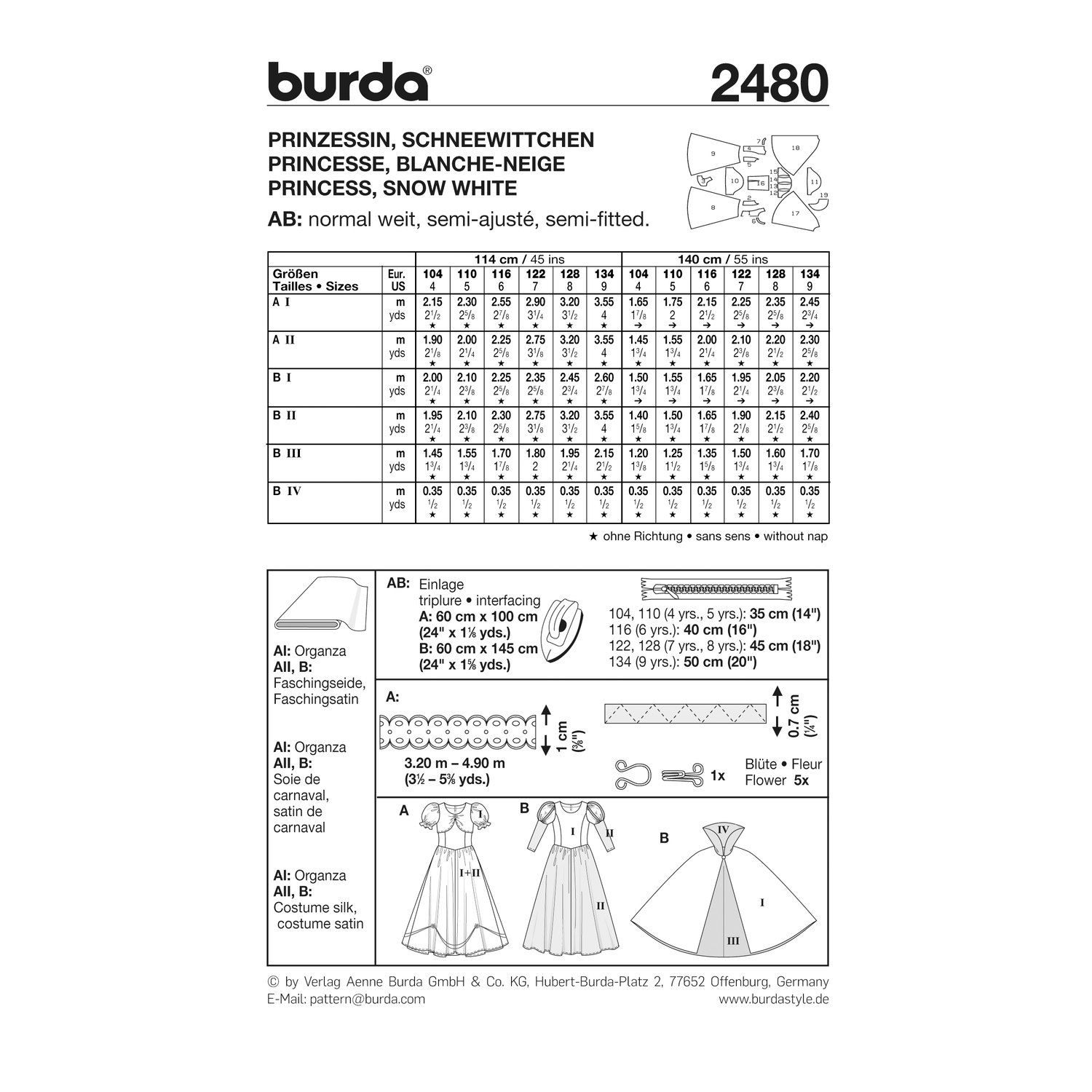 burda style Schnittmuster 2480: Kleider Prinzessin und Schneewittchen, Rückseite der Schnittmustertüte mit Stoffverbrauch