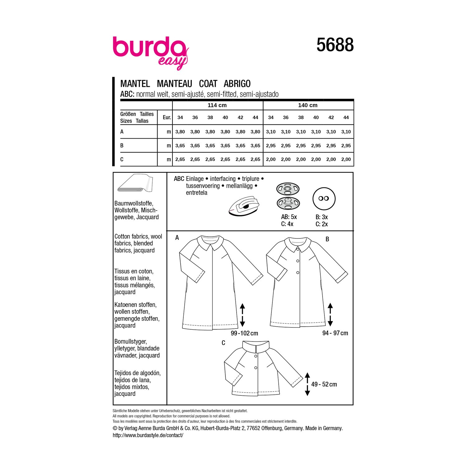 burda style Schnittmuster 5688: Mäntel und Jacke im Retro-Stil, Rückseite der Schnittmustertüte mit Stoffverbrauch