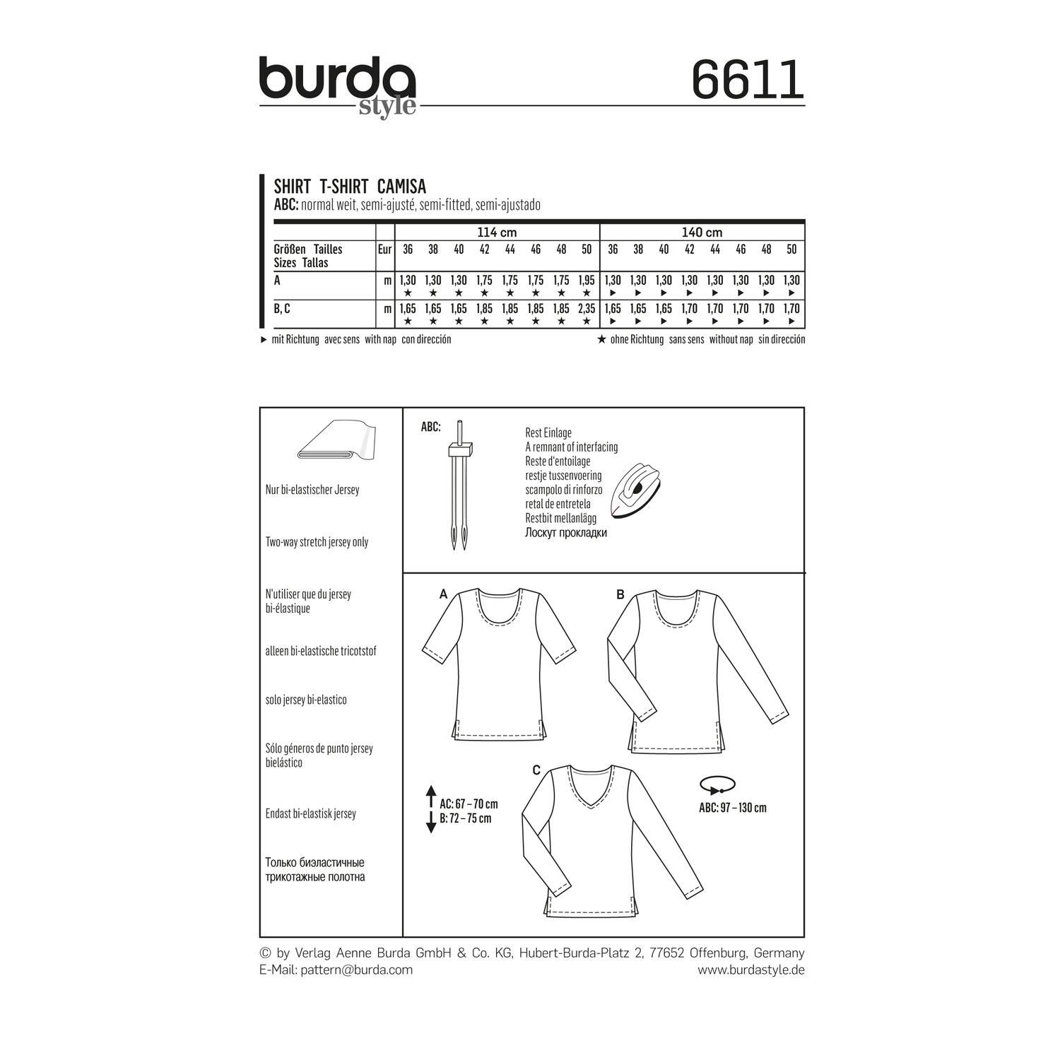 burda style Schnittmuster 6611: Basic-Shirt mit Seitenschlitzen, Rückseite der Schnittmustertüte mit Stoffverbrauch