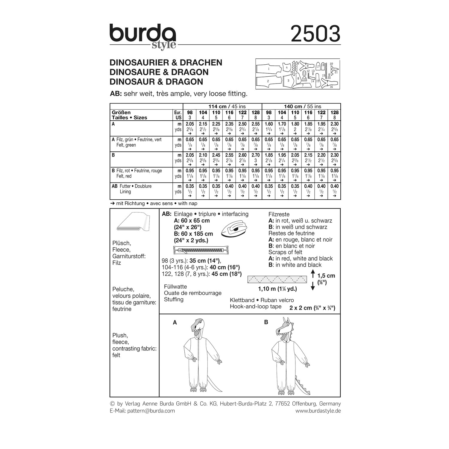 burda style Schnittmuster 2503: Kostüme Drache und Dinosaurier, Rückseite der Schnittmustertüte mit Stoffverbrauch