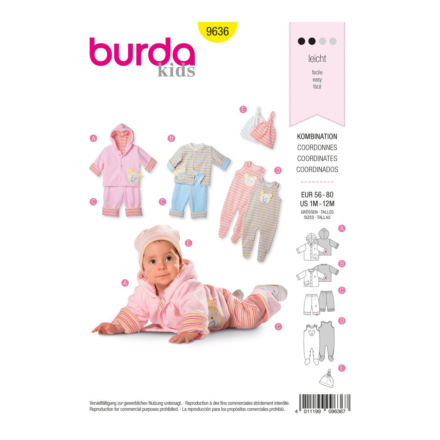 burda style Schnittmuster 9636: Babyjacke, Hose und Zipfelmütze, Vorderseite der Schnittmustertüte