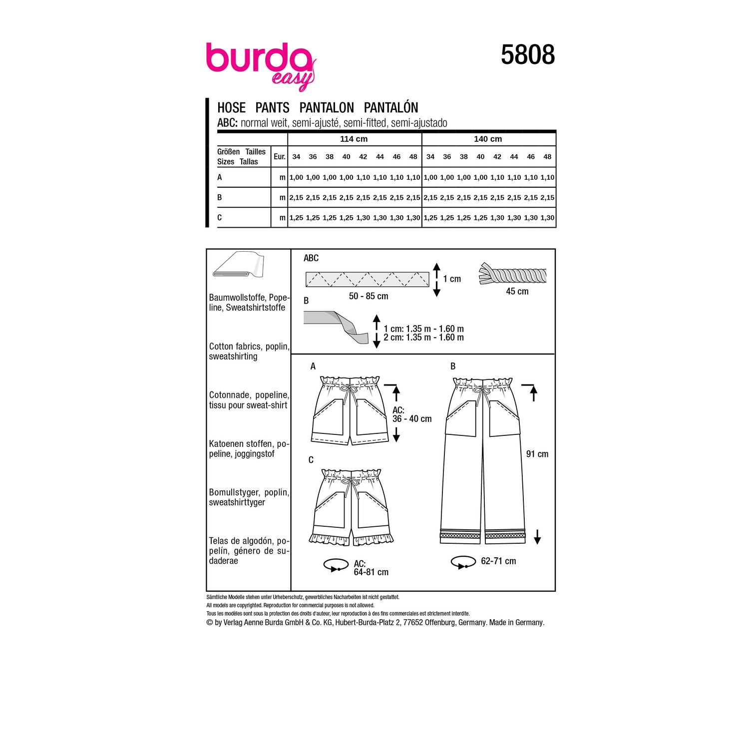 burda style Schnittmuster 5808: Shorts und Culotte, Rückseite der Schnittmustertüte mit Stoffverbrauch
