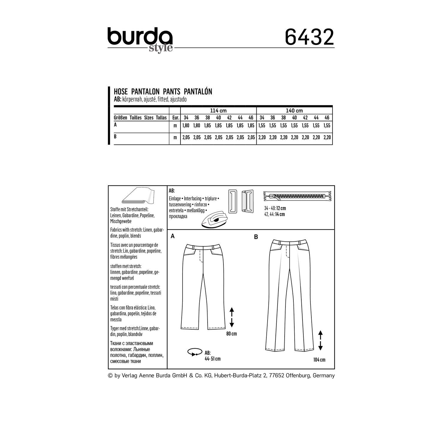 burda style Schnittmuster 6432: Hose mit Bügelfalte und Formbund, Rückseite der Schnittmustertüte mit Stoffverbrauch