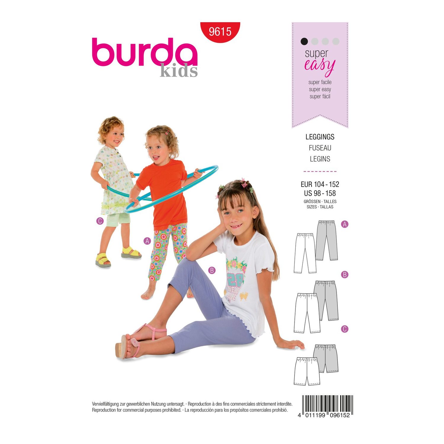 burda style Schnittmuster 9615: Leggings in drei Längen, Vorderseite der Schnittmustertüte