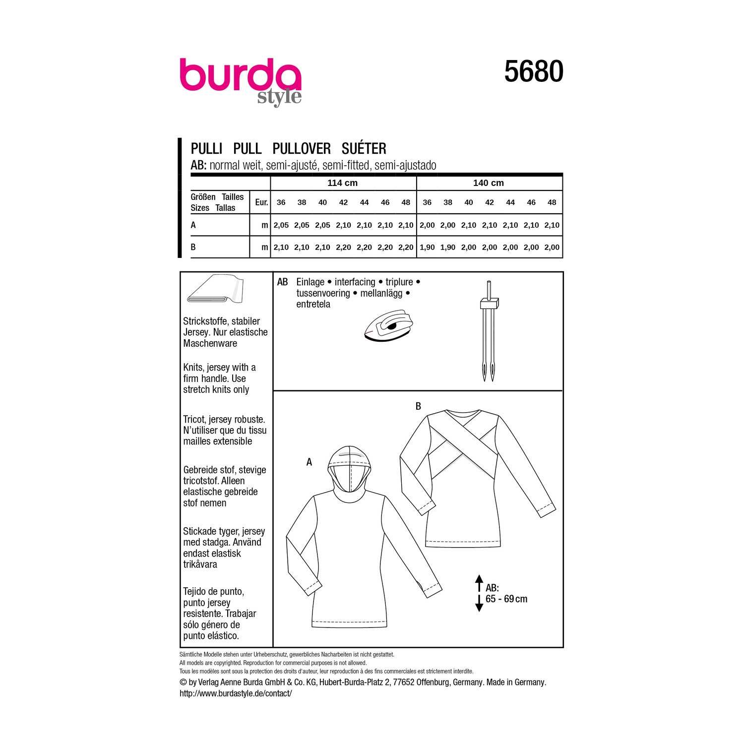 burda style Schnittmuster 5680: Hoodie und Shirt mit Kreuzoptik, Rückseite der Schnittmustertüte mit Stoffverbrauch