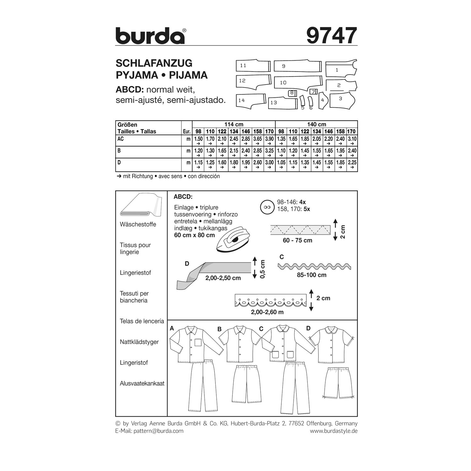 burda style Schnittmuster 9747: Schlafanzug mit Knopfleiste, Rückseite der Schnittmustertüte mit Stoffverbrauch