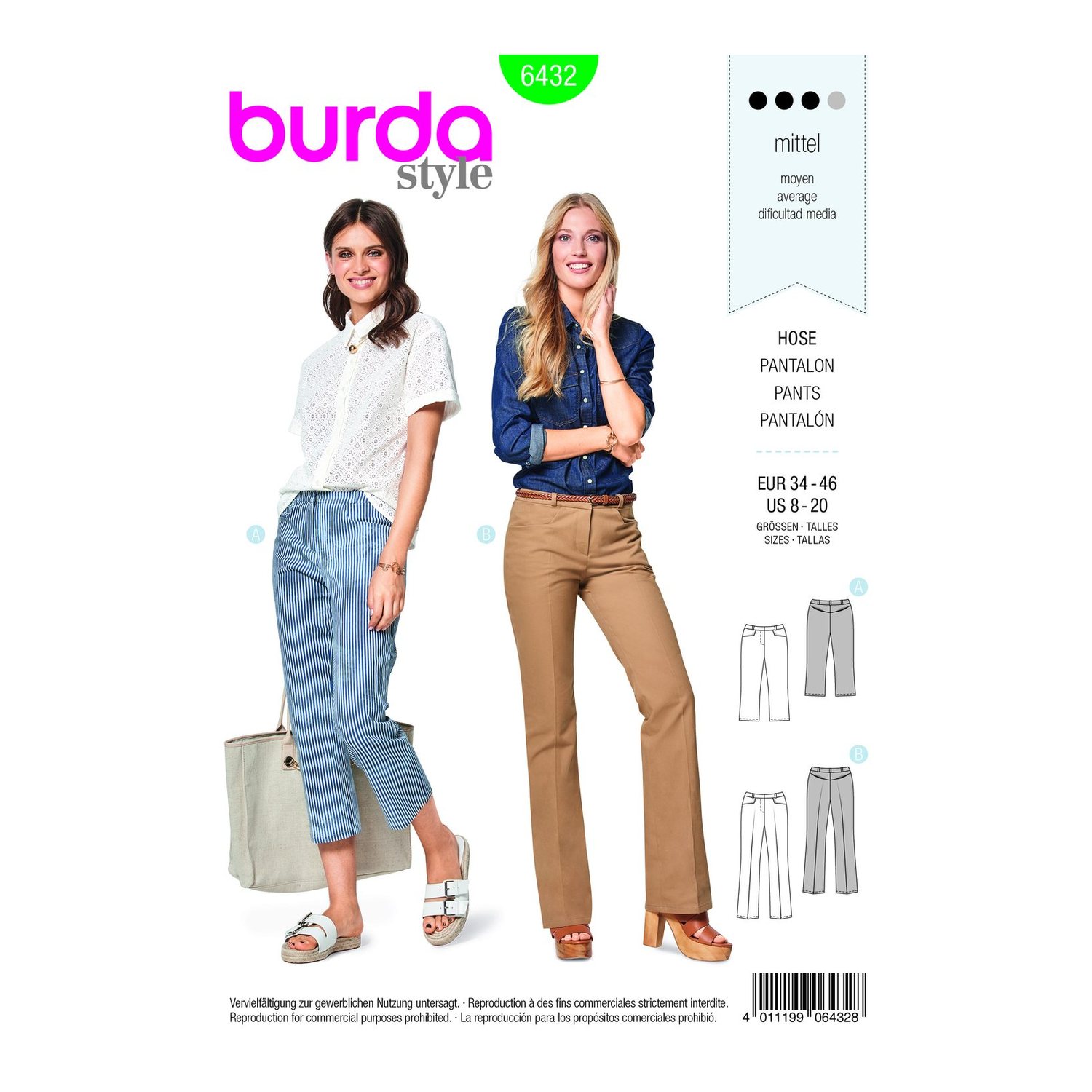 burda style Schnittmuster 6432: Hose mit Bügelfalte und Formbund, Vorderseite der Schnittmustertüte