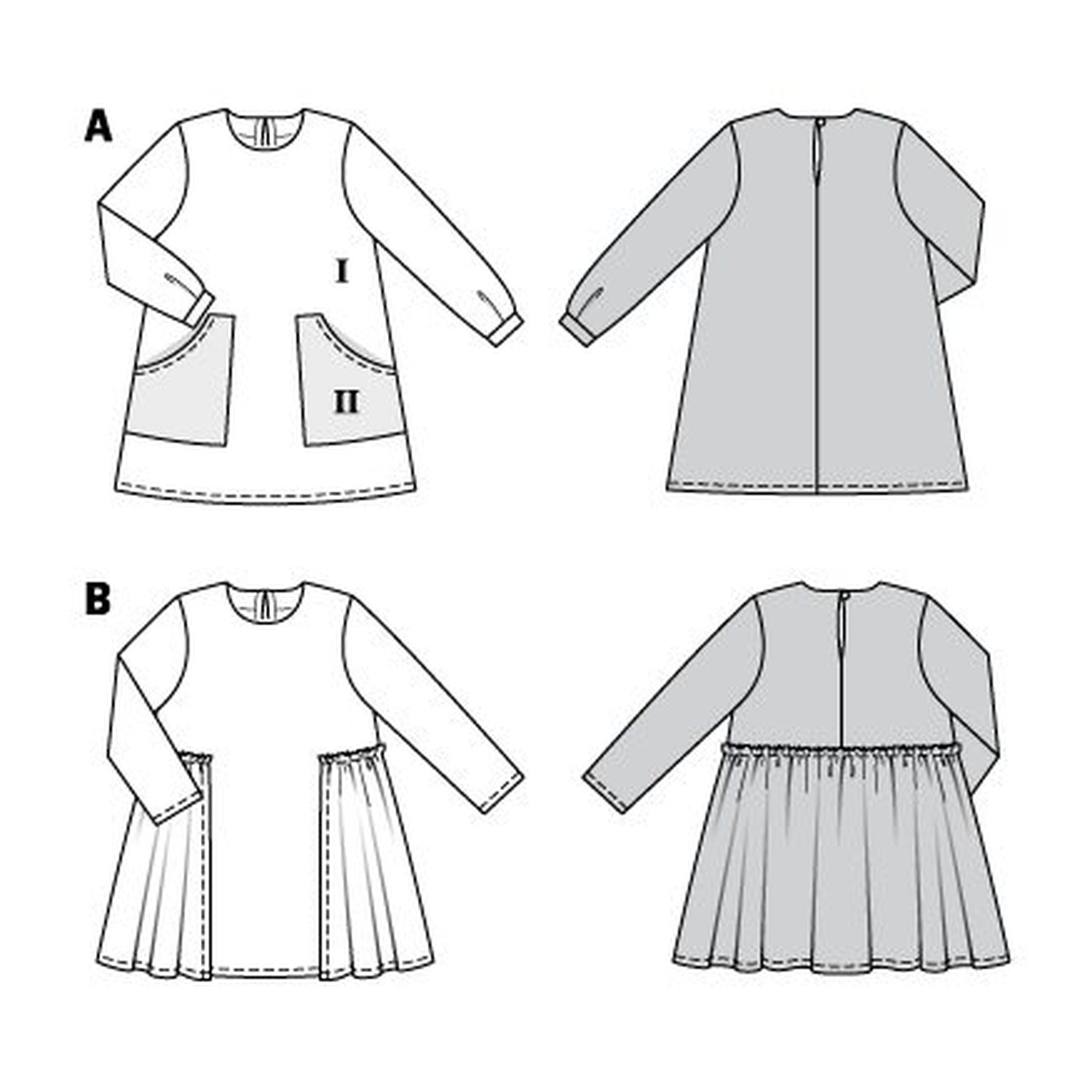 burda style Schnittmuster 9310: Kinderkleid mit Überrock, Technische Zeichnung